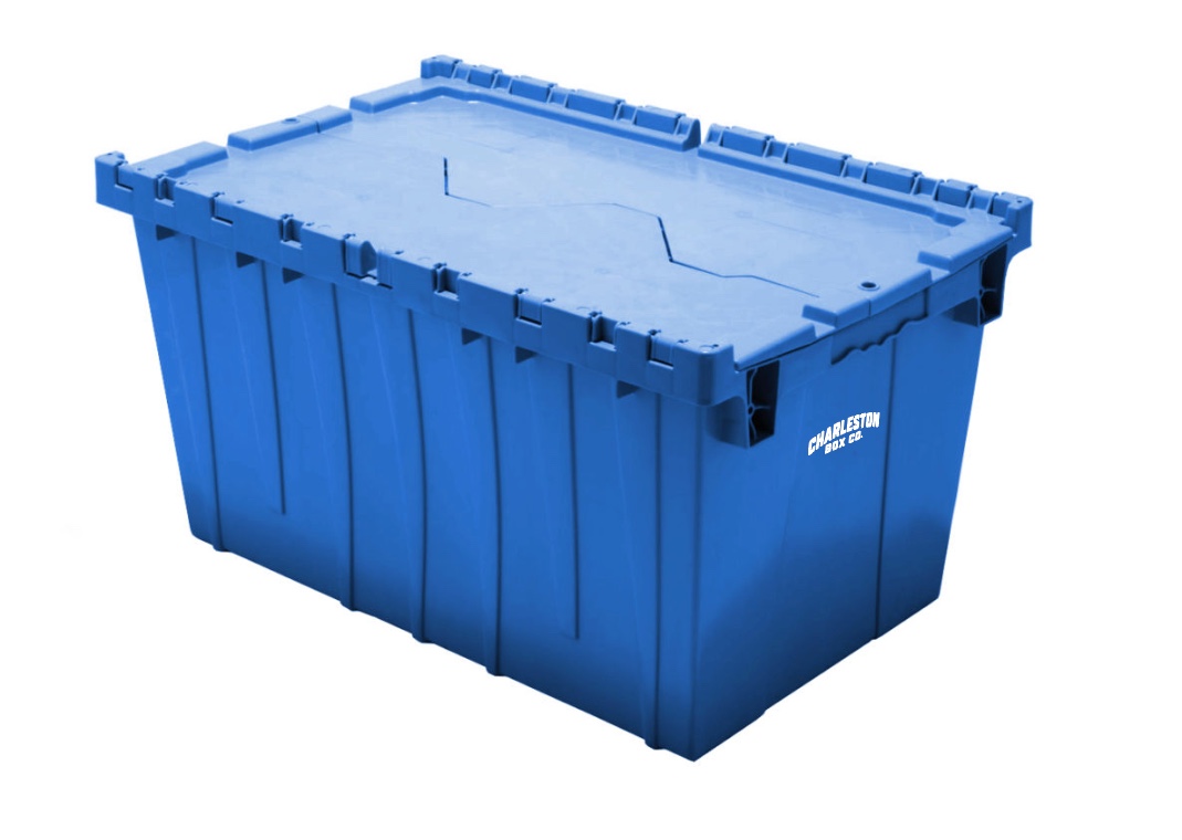 Charleston Box Co. blue plastic moving tote with attached lid